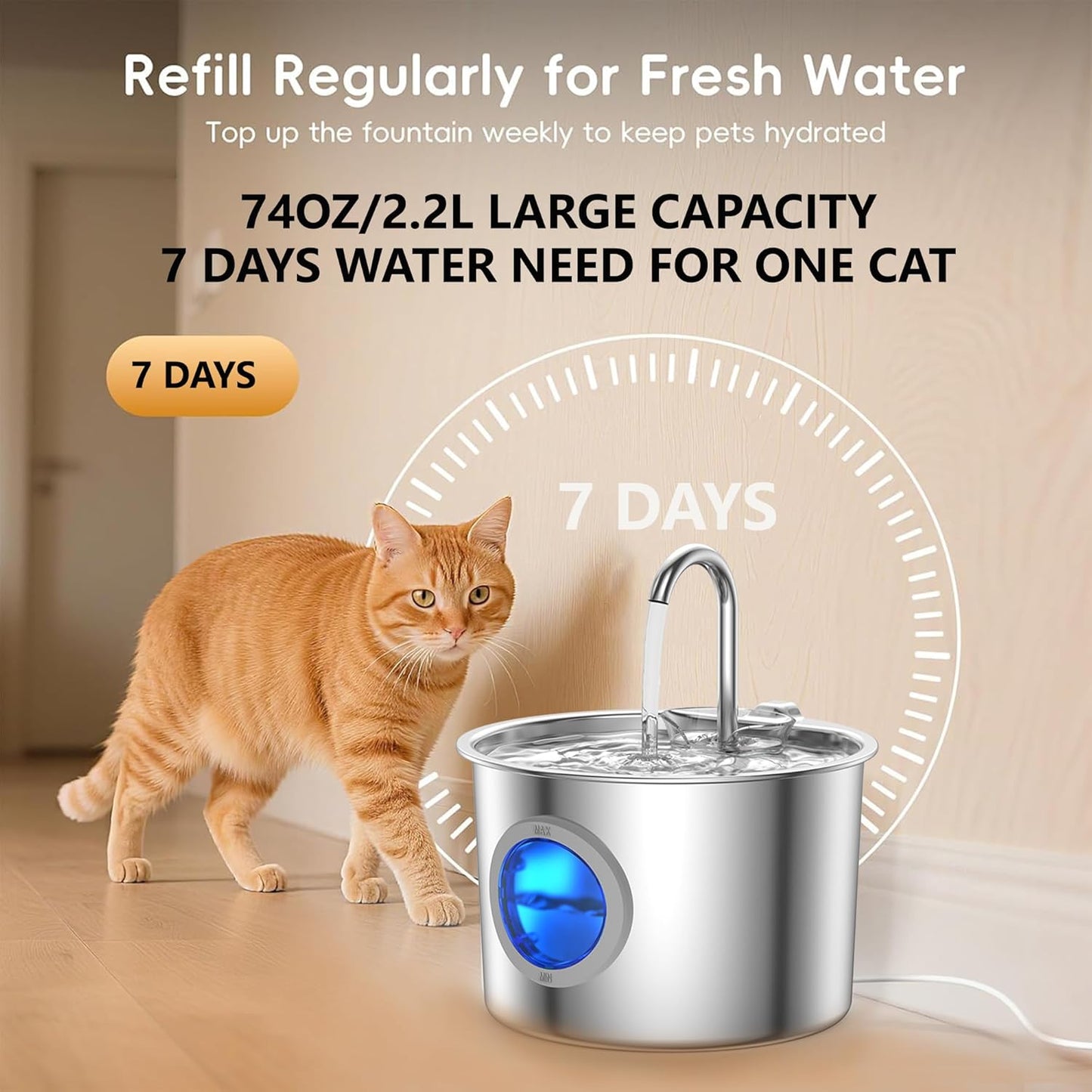 Cat Water Fountain Stainless Steel: Cat Fountain for Drinking with 6 Filters + 6 Sponges - 74oz/2.2L Pet Water Fountain for Cats Inside - Quiet Cats Water Bowl Dispenser - Kitten Drinking Fountains