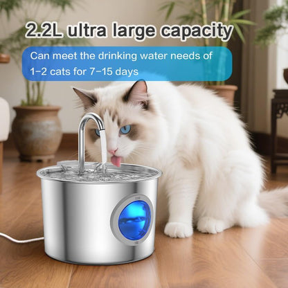Cat Water Fountain Stainless Steel: Cat Fountain for Drinking with 6 Filters + 6 Sponges - 74oz/2.2L Pet Water Fountain for Cats Inside - Quiet Cats Water Bowl Dispenser - Kitten Drinking Fountains