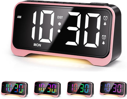 Pink Alarm Clock for Girls & Teens, RGB Display & Super Loud Alarm