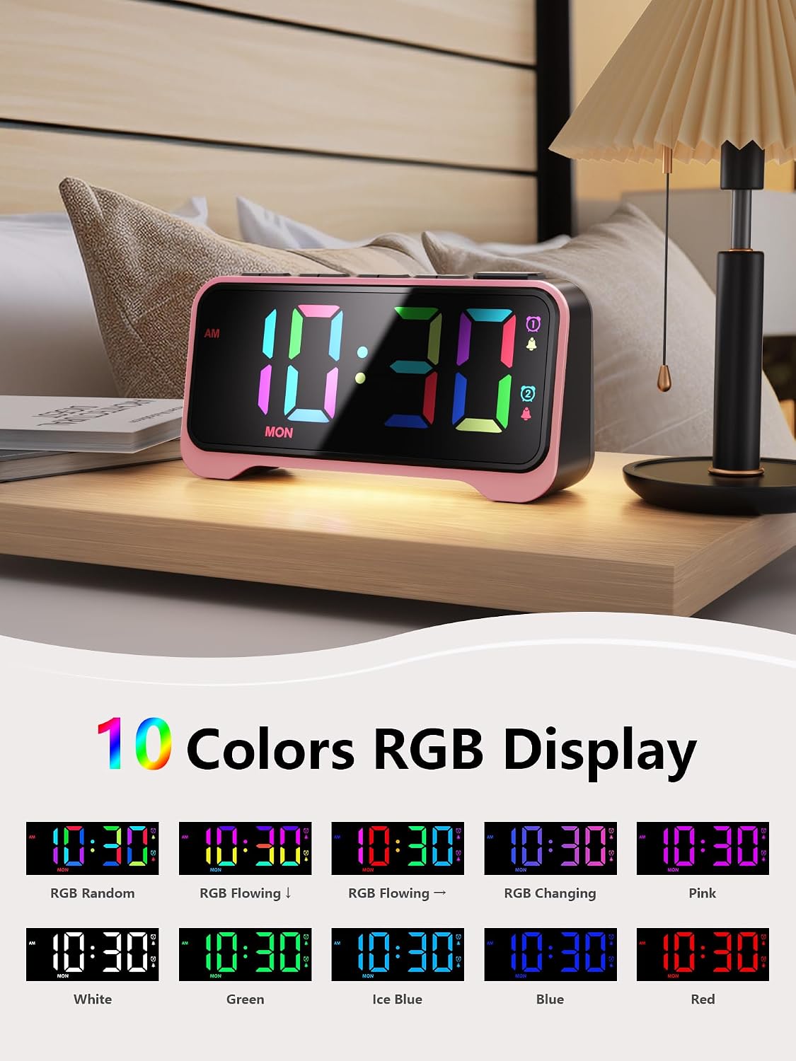 Pink Alarm Clock for Girls & Teens, RGB Display & Super Loud Alarm