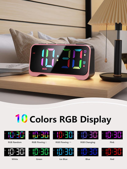 Pink Alarm Clock for Girls & Teens, RGB Display & Super Loud Alarm