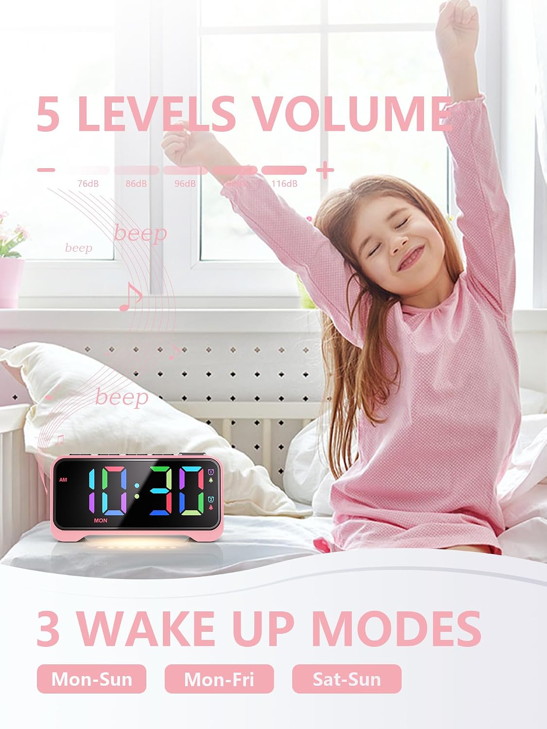 Pink Alarm Clock for Girls & Teens, RGB Display & Super Loud Alarm