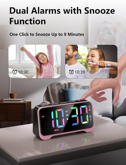 Pink Alarm Clock for Girls & Teens, RGB Display & Super Loud Alarm