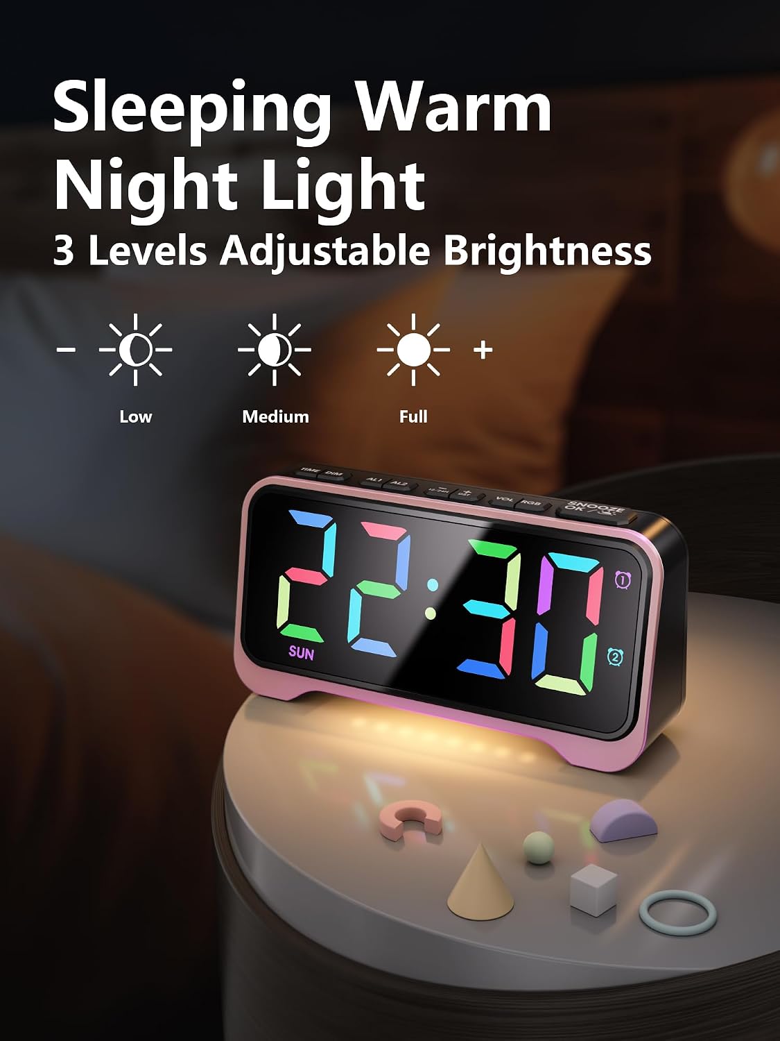 Pink Alarm Clock for Girls & Teens, RGB Display & Super Loud Alarm