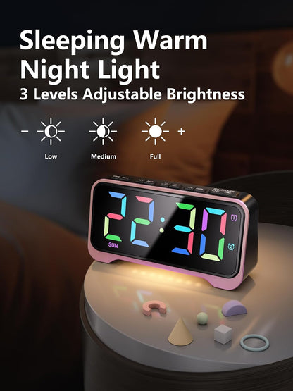 Pink Alarm Clock for Girls & Teens, RGB Display & Super Loud Alarm