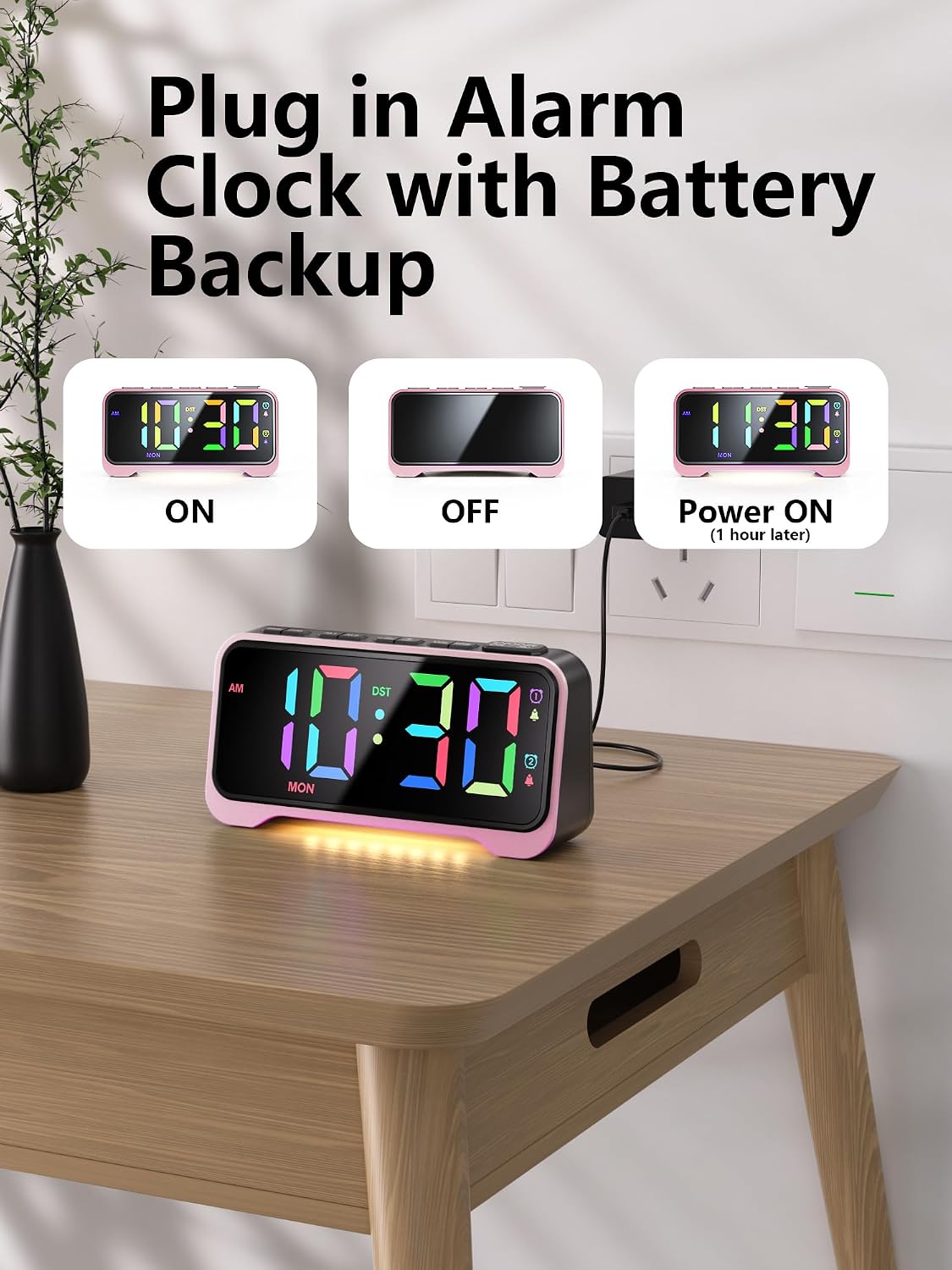 Pink Alarm Clock for Girls & Teens, RGB Display & Super Loud Alarm