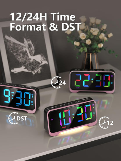 Pink Alarm Clock for Girls & Teens, RGB Display & Super Loud Alarm