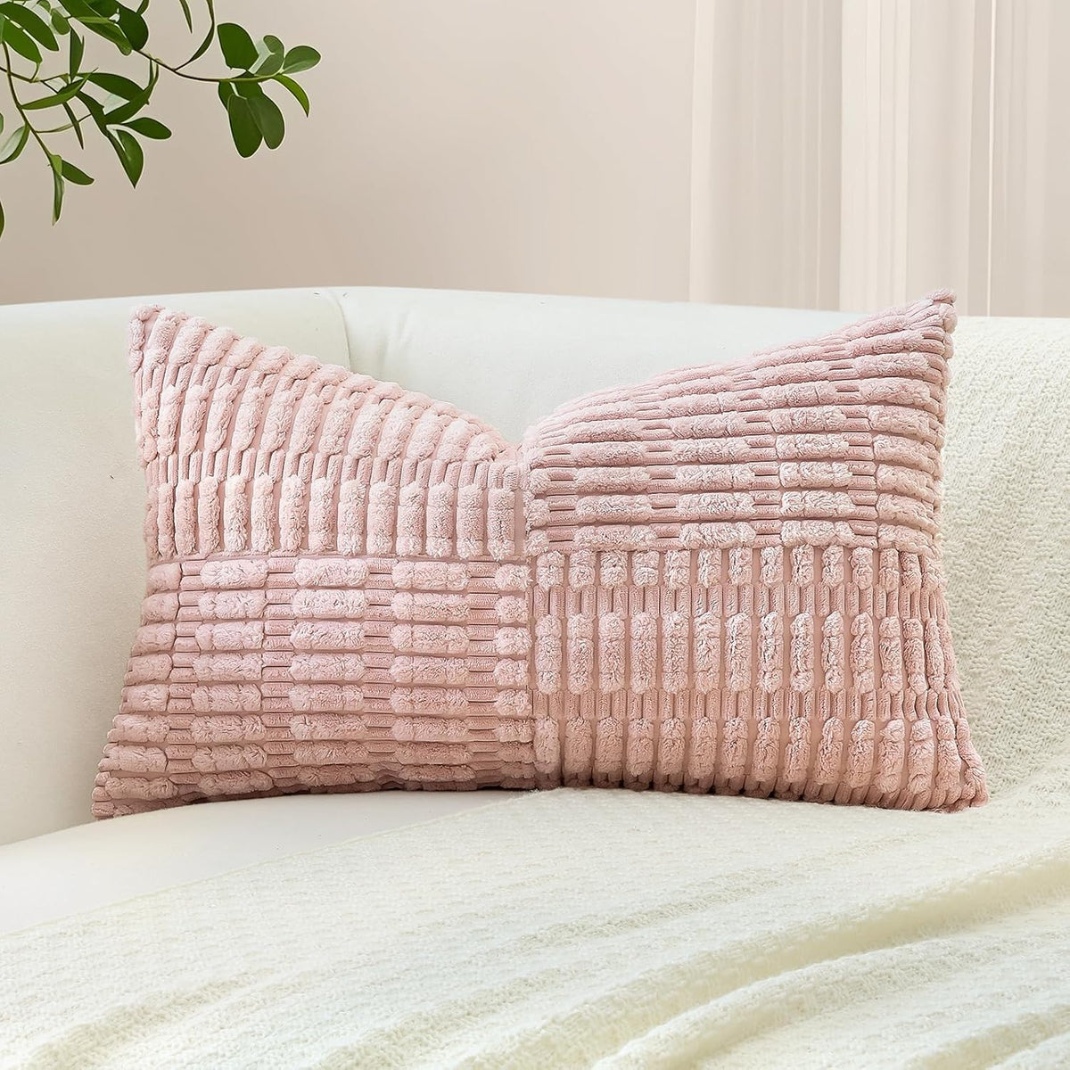 Set of 1 Decorative Throw Pillow Cover Soft Corduroy Solid Lumbar Pillow Case Boho Striped Cross Patchwork Textured Farmhouse Cushion Cover for Sofa Car Patio Bed Living Room 12x20 Inch, Pink