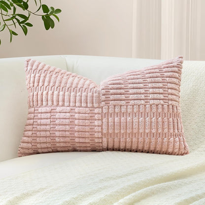 Set of 1 Decorative Throw Pillow Cover Soft Corduroy Solid Lumbar Pillow Case Boho Striped Cross Patchwork Textured Farmhouse Cushion Cover for Sofa Car Patio Bed Living Room 12x20 Inch, Pink