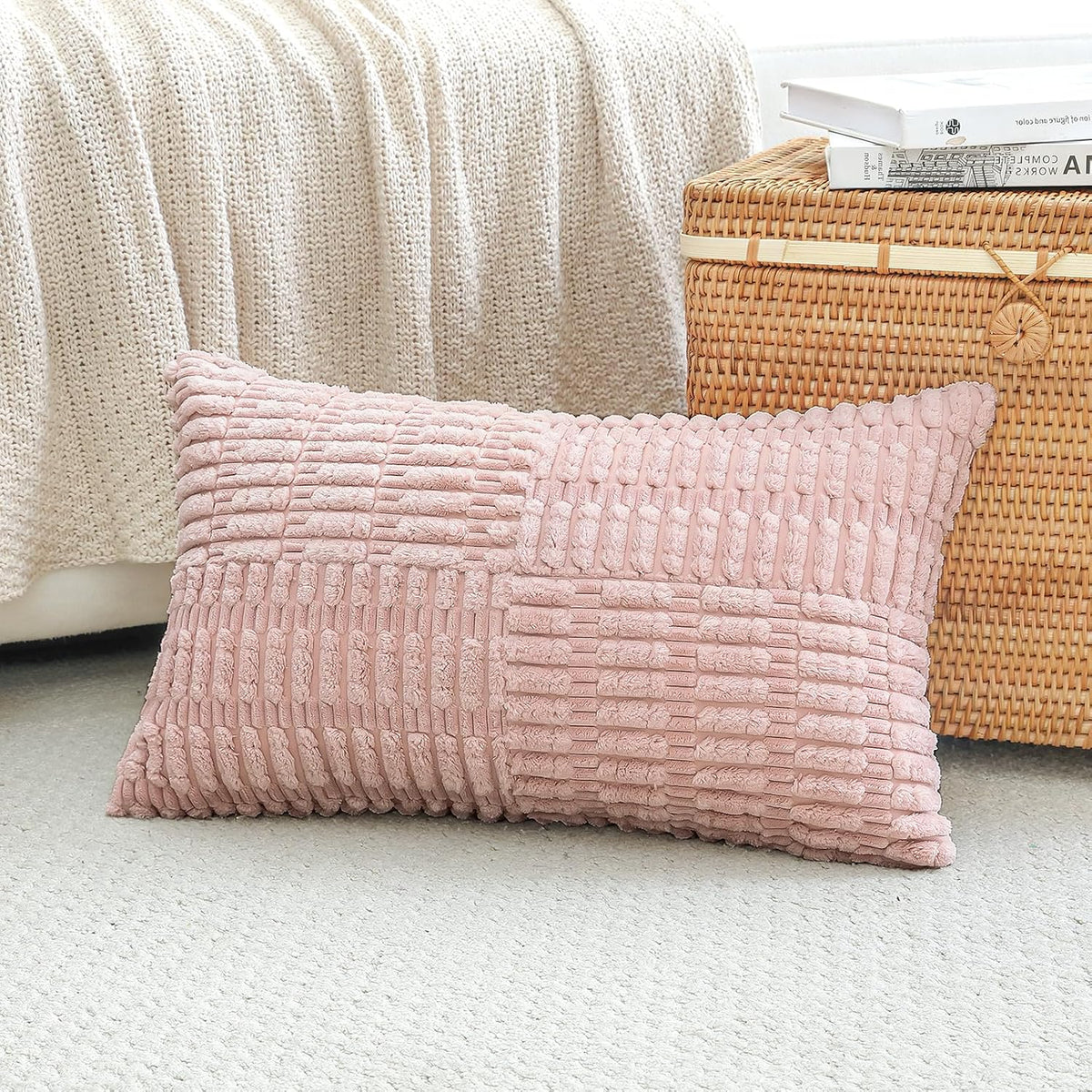 Set of 1 Decorative Throw Pillow Cover Soft Corduroy Solid Lumbar Pillow Case Boho Striped Cross Patchwork Textured Farmhouse Cushion Cover for Sofa Car Patio Bed Living Room 12x20 Inch, Pink