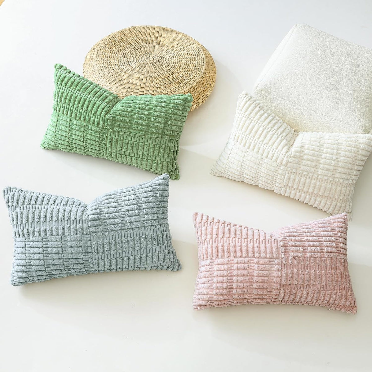 Set of 1 Decorative Throw Pillow Cover Soft Corduroy Solid Lumbar Pillow Case Boho Striped Cross Patchwork Textured Farmhouse Cushion Cover for Sofa Car Patio Bed Living Room 12x20 Inch, Pink