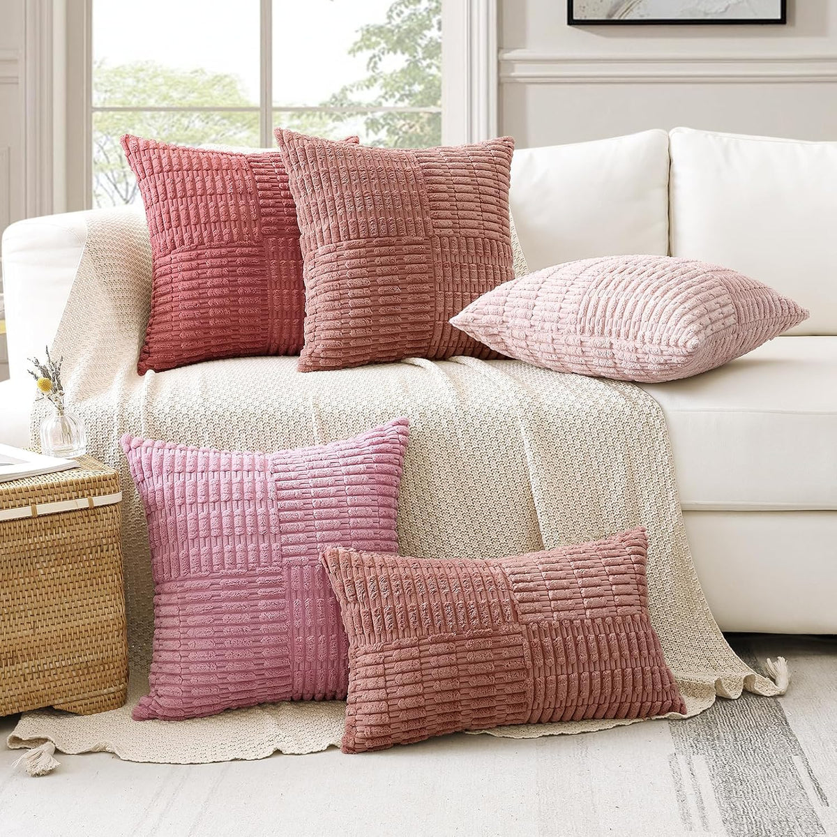 Set of 1 Decorative Throw Pillow Cover Soft Corduroy Solid Lumbar Pillow Case Boho Striped Cross Patchwork Textured Farmhouse Cushion Cover for Sofa Car Patio Bed Living Room 12x20 Inch, Pink