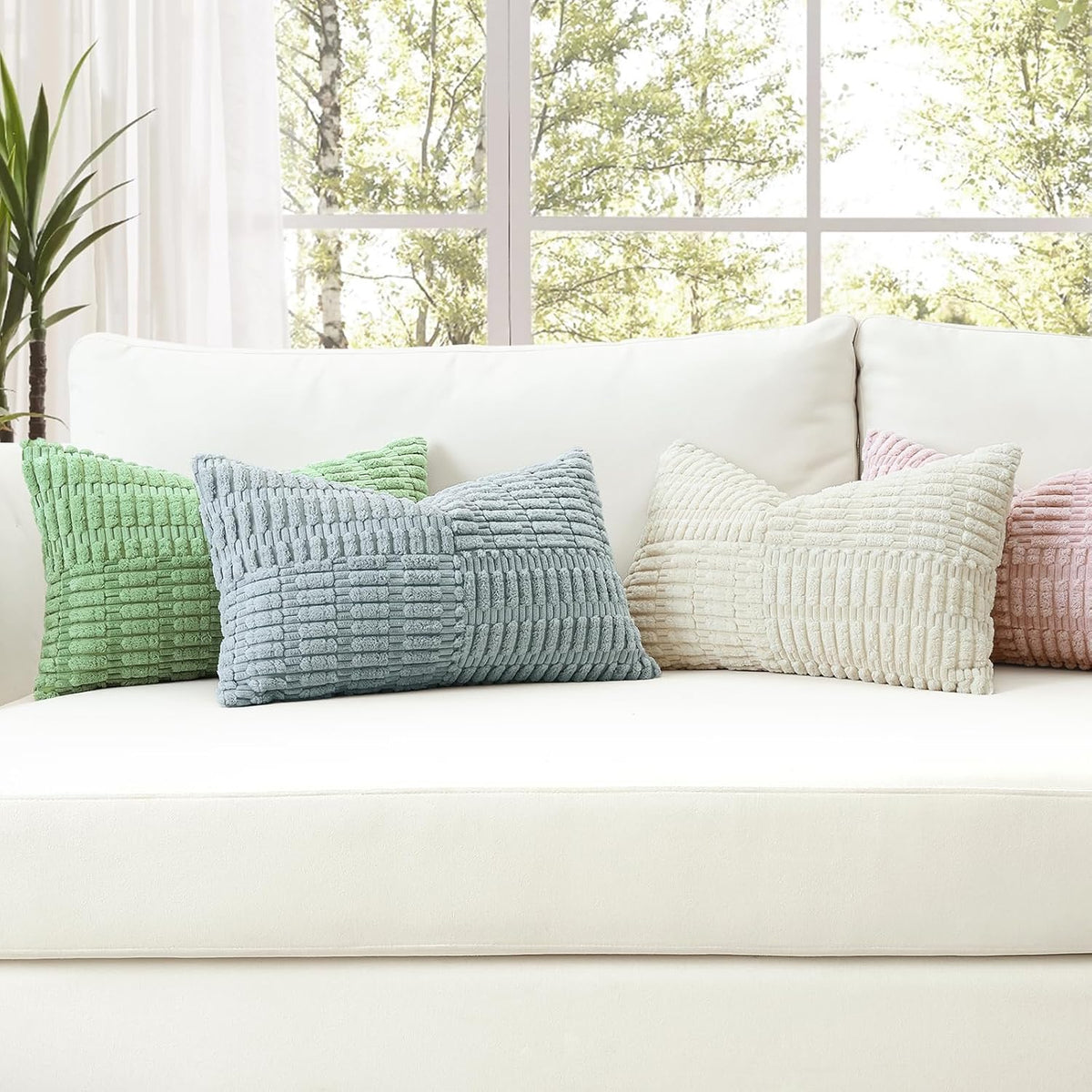 Set of 1 Decorative Throw Pillow Cover Soft Corduroy Solid Lumbar Pillow Case Boho Striped Cross Patchwork Textured Farmhouse Cushion Cover for Sofa Car Patio Bed Living Room 12x20 Inch, Pink