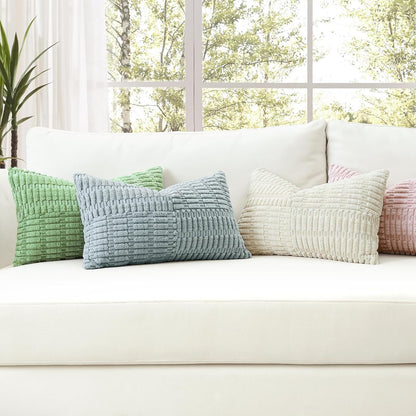 Set of 1 Decorative Throw Pillow Cover Soft Corduroy Solid Lumbar Pillow Case Boho Striped Cross Patchwork Textured Farmhouse Cushion Cover for Sofa Car Patio Bed Living Room 12x20 Inch, Pink