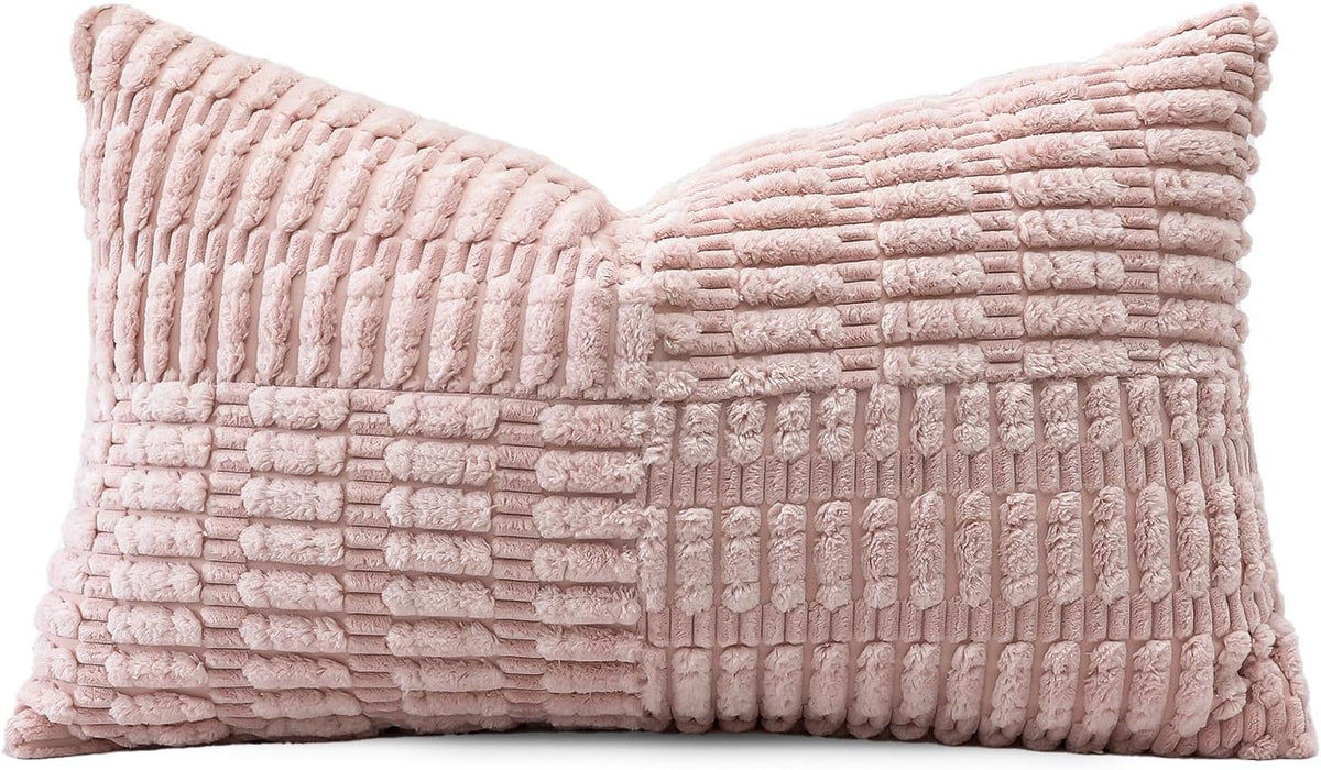 Set of 1 Decorative Throw Pillow Cover Soft Corduroy Solid Lumbar Pillow Case Boho Striped Cross Patchwork Textured Farmhouse Cushion Cover for Sofa Car Patio Bed Living Room 12x20 Inch, Pink