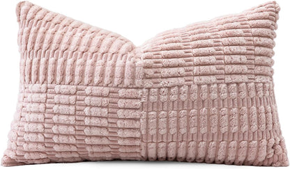 Set of 1 Decorative Throw Pillow Cover Soft Corduroy Solid Lumbar Pillow Case Boho Striped Cross Patchwork Textured Farmhouse Cushion Cover for Sofa Car Patio Bed Living Room 12x20 Inch, Pink