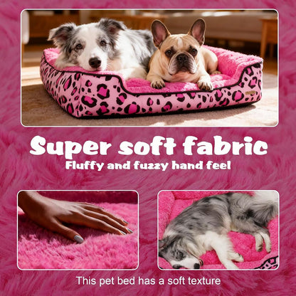 Rectangle Washable Dog Bed for Large, Medium & Small Dogs – Soft Calming Puppy Beds, Durable Warm Pet Sofa with Non-Slip Bottom for Indoor Use.Pink S Size (18.9"x18.9"x6.3")