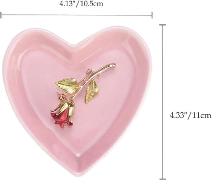 Pink Heart Jewelry Tray, Engagement Wedding Ring Dish Earring Holder for Newlyweds, Sweet Gift for Women, Ceramic. NO ROSE.