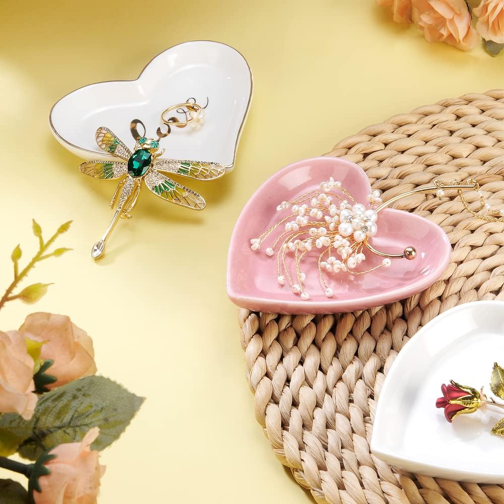 Pink Heart Jewelry Tray, Engagement Wedding Ring Dish Earring Holder for Newlyweds, Sweet Gift for Women, Ceramic. NO ROSE.