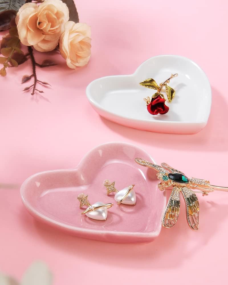 Pink Heart Jewelry Tray, Engagement Wedding Ring Dish Earring Holder for Newlyweds, Sweet Gift for Women, Ceramic. NO ROSE.