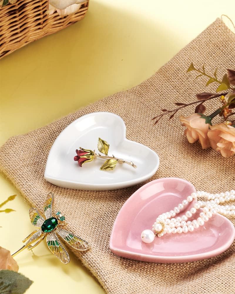 Pink Heart Jewelry Tray, Engagement Wedding Ring Dish Earring Holder for Newlyweds, Sweet Gift for Women, Ceramic. NO ROSE.