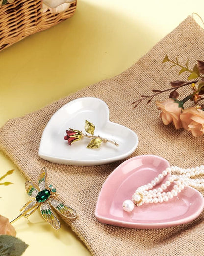 Pink Heart Jewelry Tray, Engagement Wedding Ring Dish Earring Holder for Newlyweds, Sweet Gift for Women, Ceramic. NO ROSE.