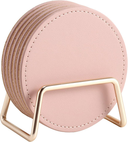 Drink Coasters with Metal Holder Stand Set of 6, PU Leather Absorbent Coasters with Cork Base Table Coaster Set Decorative Coffee Cup Coasters Housewarming Gift for Home Decor
