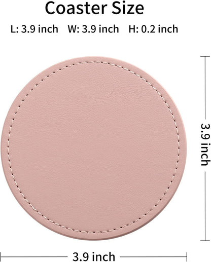 Drink Coasters with Metal Holder Stand Set of 6, PU Leather Absorbent Coasters with Cork Base Table Coaster Set Decorative Coffee Cup Coasters Housewarming Gift for Home Decor