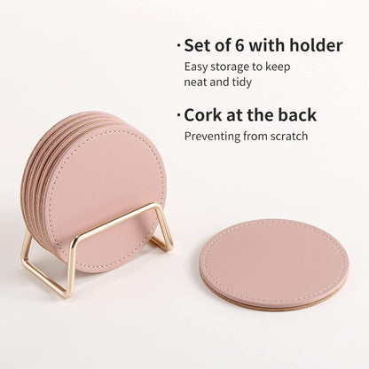 Drink Coasters with Metal Holder Stand Set of 6, PU Leather Absorbent Coasters with Cork Base Table Coaster Set Decorative Coffee Cup Coasters Housewarming Gift for Home Decor