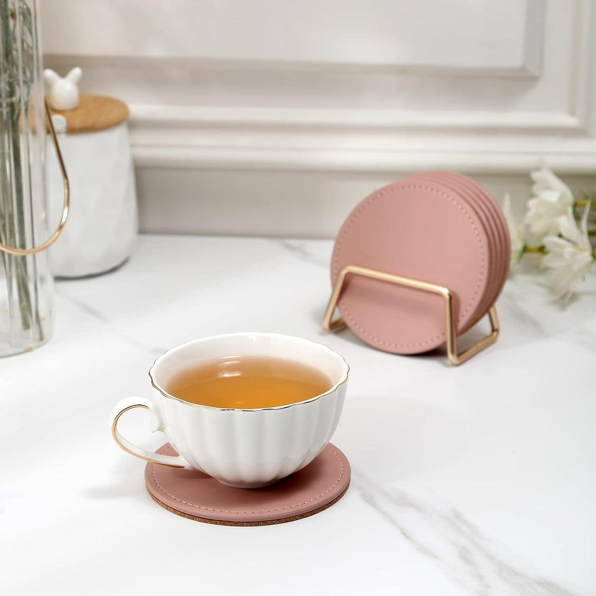 Drink Coasters with Metal Holder Stand Set of 6, PU Leather Absorbent Coasters with Cork Base Table Coaster Set Decorative Coffee Cup Coasters Housewarming Gift for Home Decor