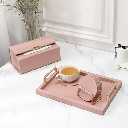 Drink Coasters with Metal Holder Stand Set of 6, PU Leather Absorbent Coasters with Cork Base Table Coaster Set Decorative Coffee Cup Coasters Housewarming Gift for Home Decor