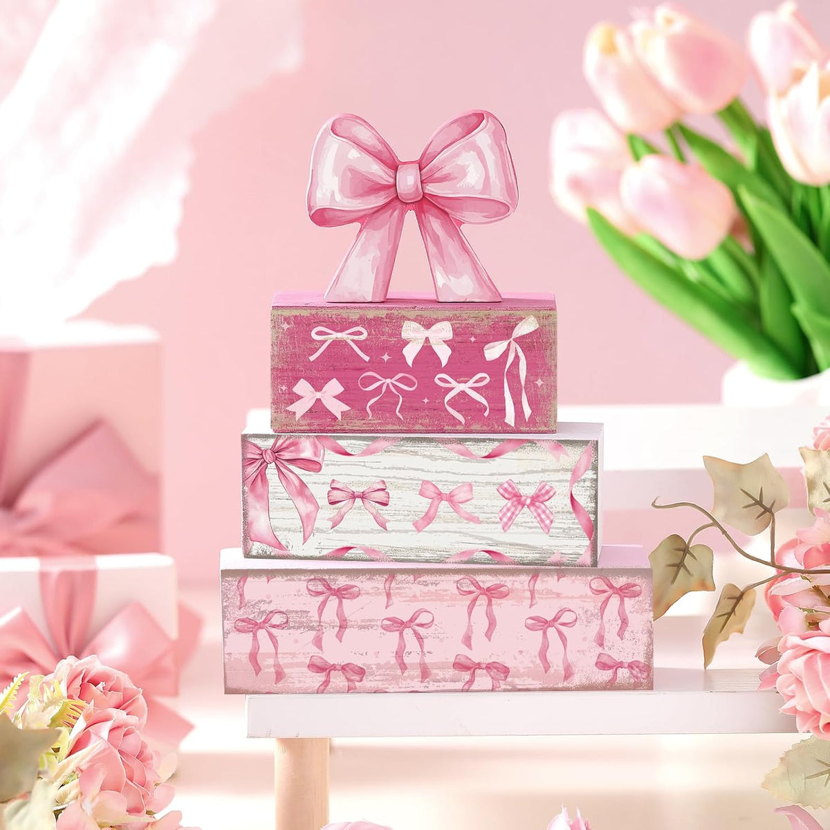 4 Pcs Pink Bow Table Decorations, Pink Coquette Tiered Tray Decor