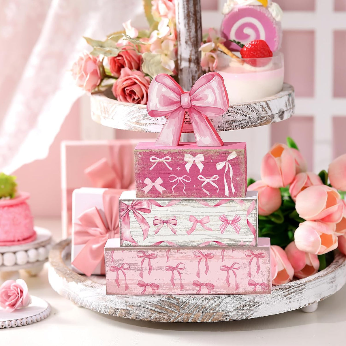 4 Pcs Pink Bow Table Decorations, Pink Coquette Tiered Tray Decor