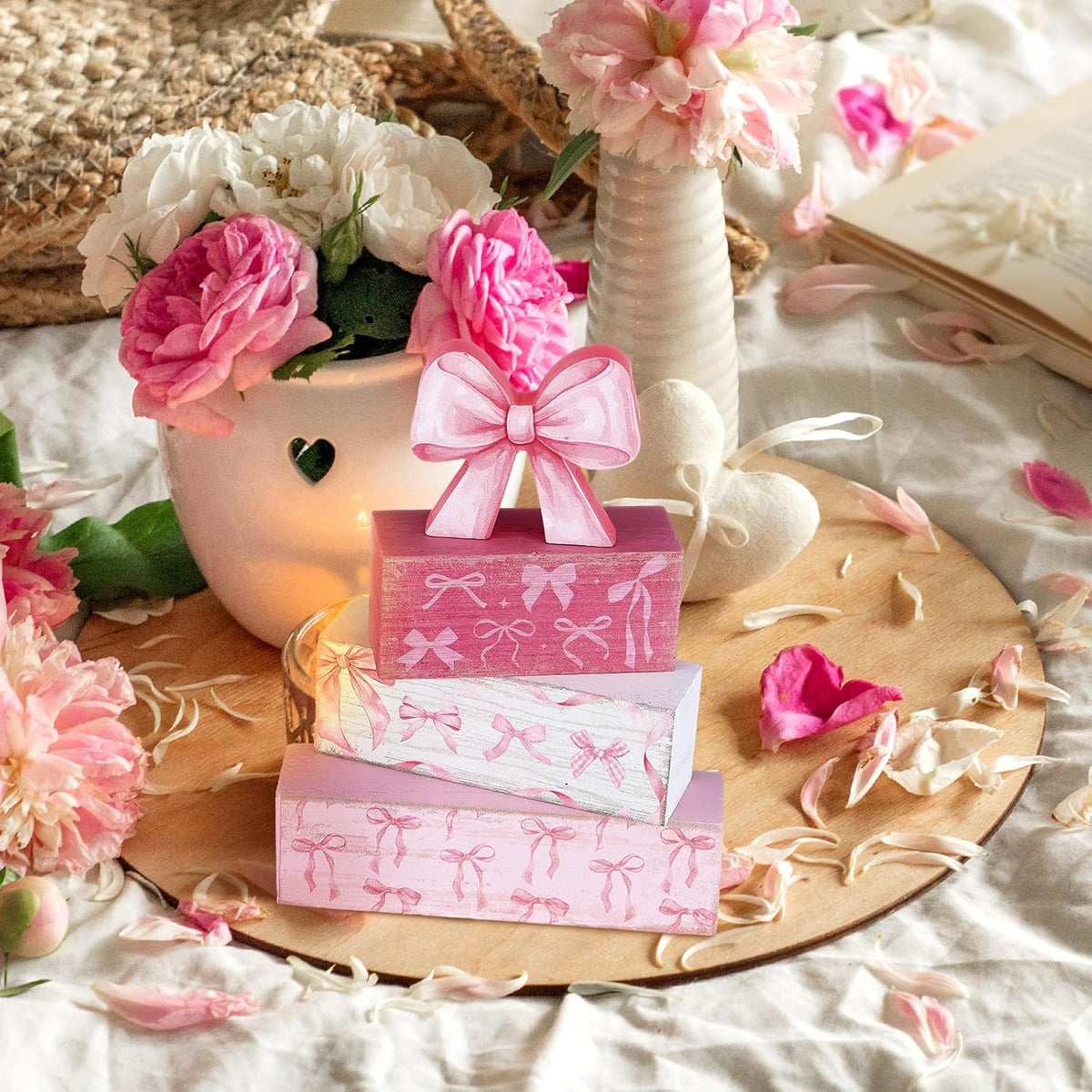 4 Pcs Pink Bow Table Decorations, Pink Coquette Tiered Tray Decor