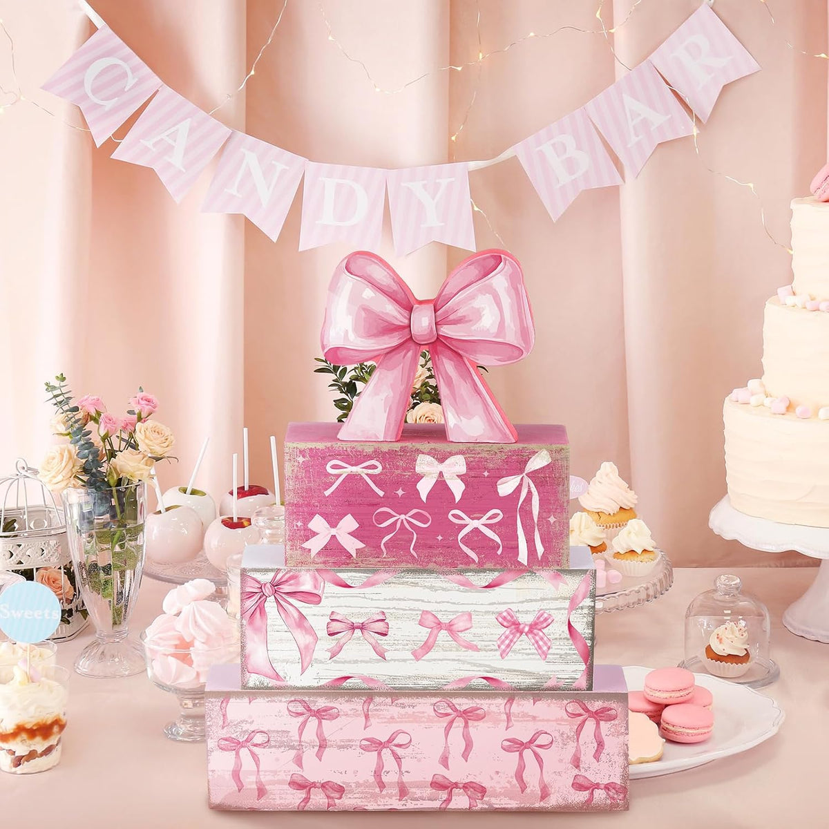 4 Pcs Pink Bow Table Decorations, Pink Coquette Tiered Tray Decor