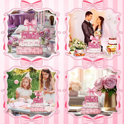 4 Pcs Pink Bow Table Decorations, Pink Coquette Tiered Tray Decor