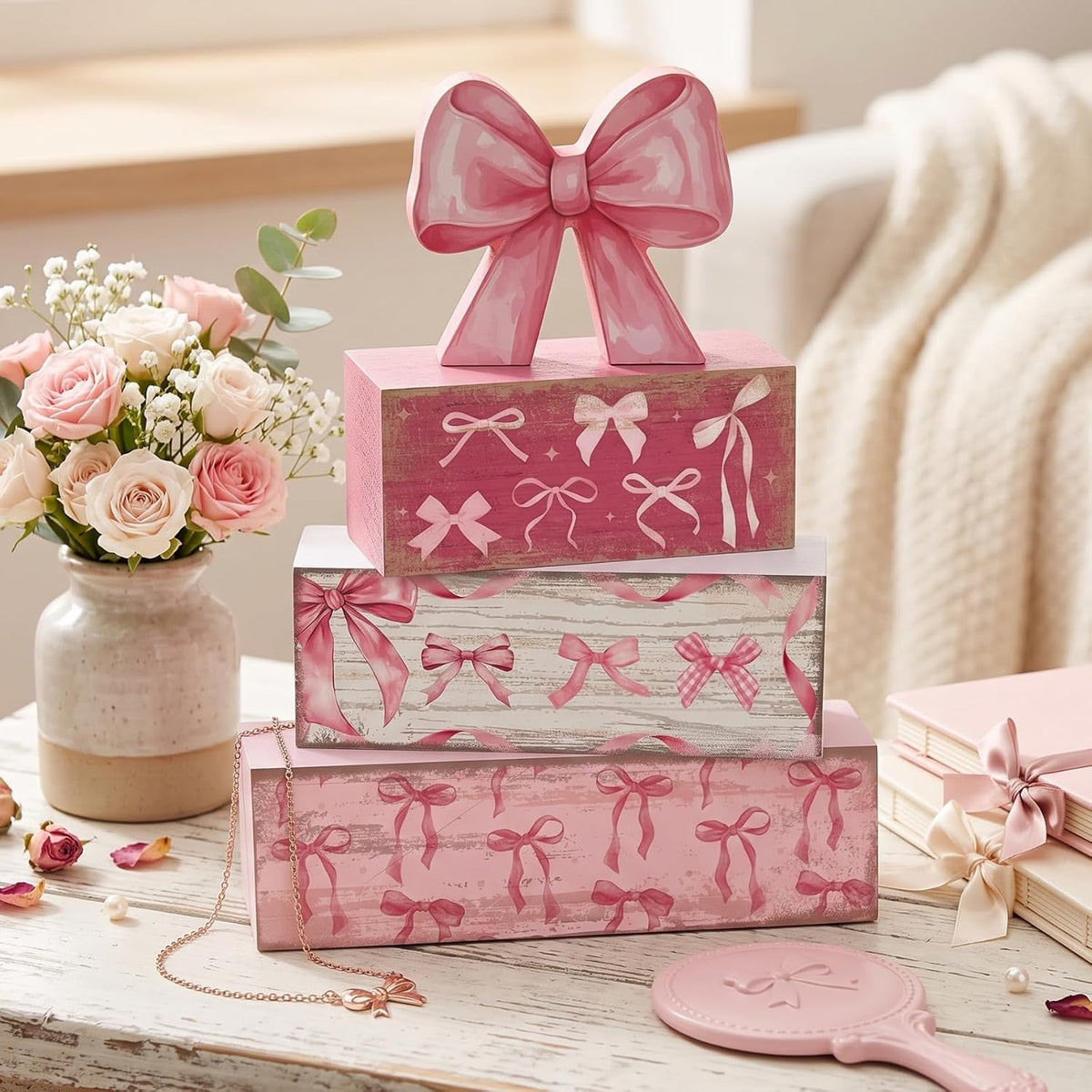 4 Pcs Pink Bow Table Decorations, Pink Coquette Tiered Tray Decor