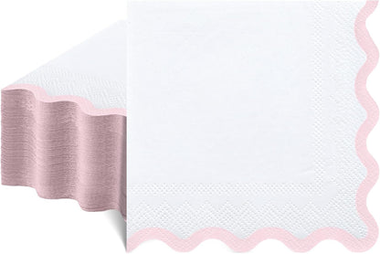 80 Pcs Pink and White Napkins, 3 Ply Scalloped Cocktail Napkins 5 x 5 Inch | Disposable Dessert Beverage Napkin Cute Dinner Napkin for Wedding, Baby Bridal Shower, Birthday