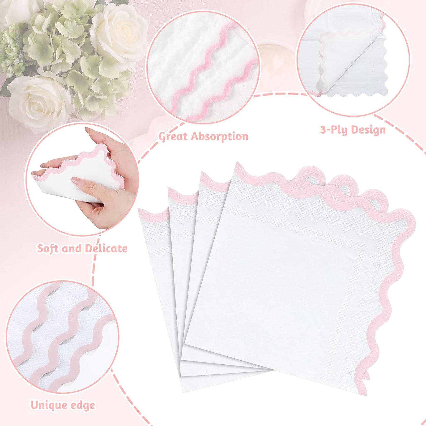 80 Pcs Pink and White Napkins, 3 Ply Scalloped Cocktail Napkins 5 x 5 Inch | Disposable Dessert Beverage Napkin Cute Dinner Napkin for Wedding, Baby Bridal Shower, Birthday