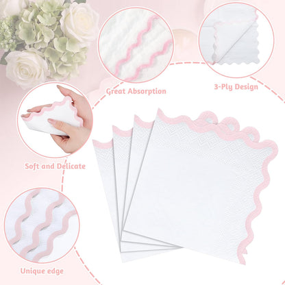 80 Pcs Pink and White Napkins, 3 Ply Scalloped Cocktail Napkins 5 x 5 Inch | Disposable Dessert Beverage Napkin Cute Dinner Napkin for Wedding, Baby Bridal Shower, Birthday