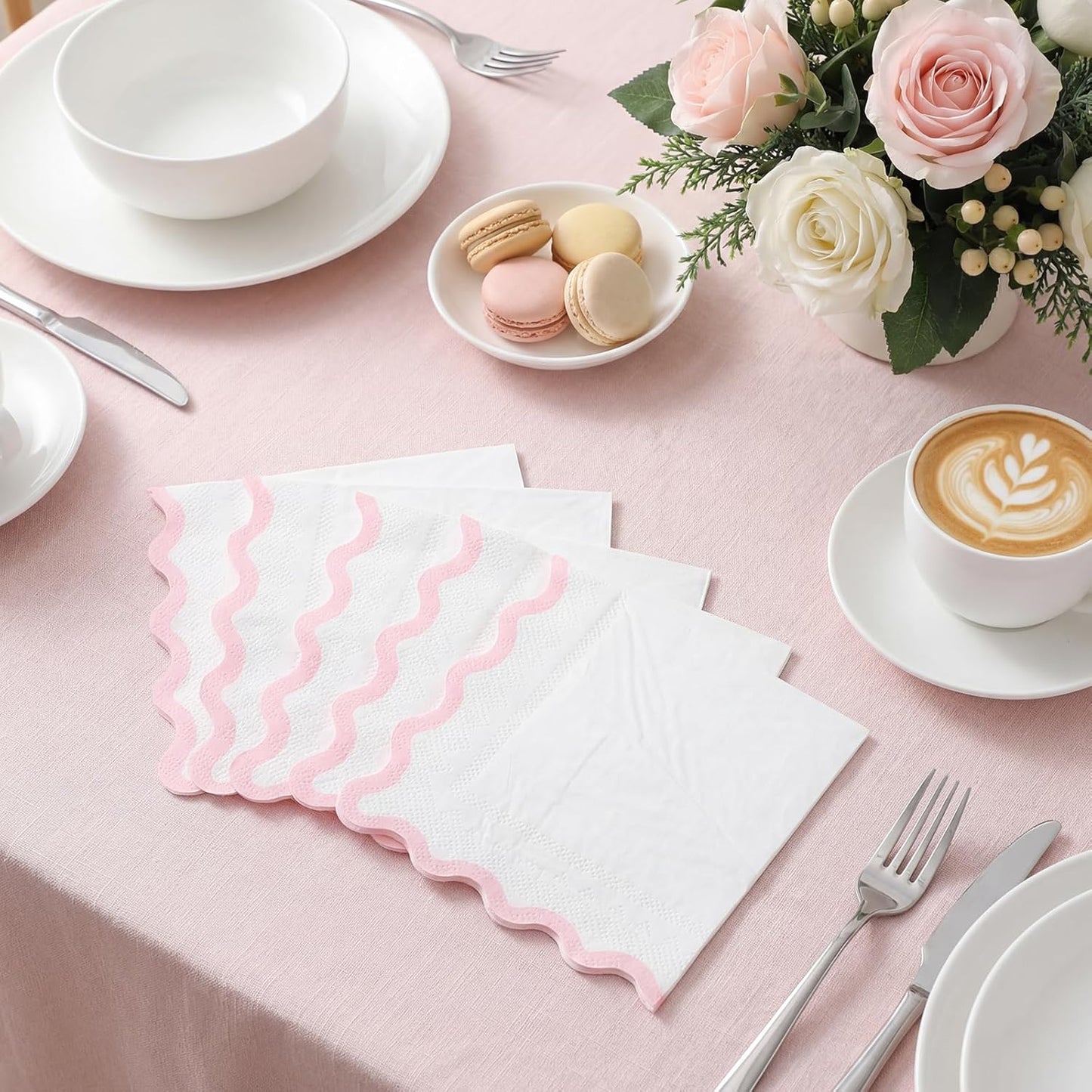 80 Pcs Pink and White Napkins, 3 Ply Scalloped Cocktail Napkins 5 x 5 Inch | Disposable Dessert Beverage Napkin Cute Dinner Napkin for Wedding, Baby Bridal Shower, Birthday