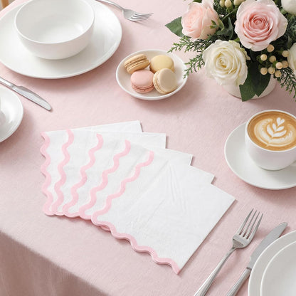 80 Pcs Pink and White Napkins, 3 Ply Scalloped Cocktail Napkins 5 x 5 Inch | Disposable Dessert Beverage Napkin Cute Dinner Napkin for Wedding, Baby Bridal Shower, Birthday