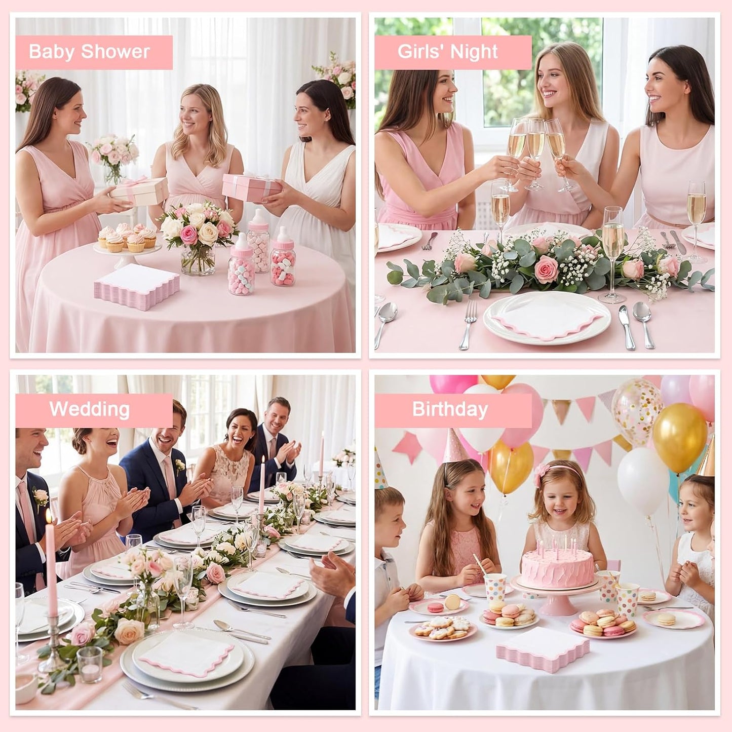 80 Pcs Pink and White Napkins, 3 Ply Scalloped Cocktail Napkins 5 x 5 Inch | Disposable Dessert Beverage Napkin Cute Dinner Napkin for Wedding, Baby Bridal Shower, Birthday