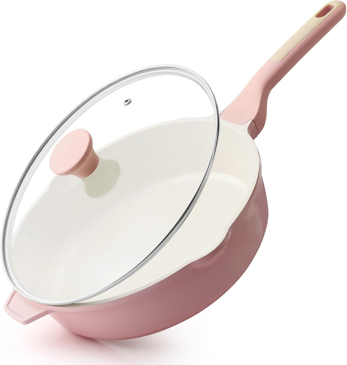 Nonstick Ceramic Skillet with Lid 11-inch, 4.5QT Non Toxic Deep Frying Pan, Saute Pan with Lid, Stay-cool Handle, Healthy Cooking Pot, Induction Compatible, Pink