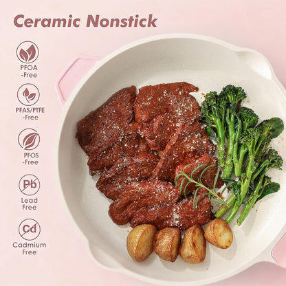 Nonstick Ceramic Skillet with Lid 11-inch, 4.5QT Non Toxic Deep Frying Pan, Saute Pan with Lid, Stay-cool Handle, Healthy Cooking Pot, Induction Compatible, Pink