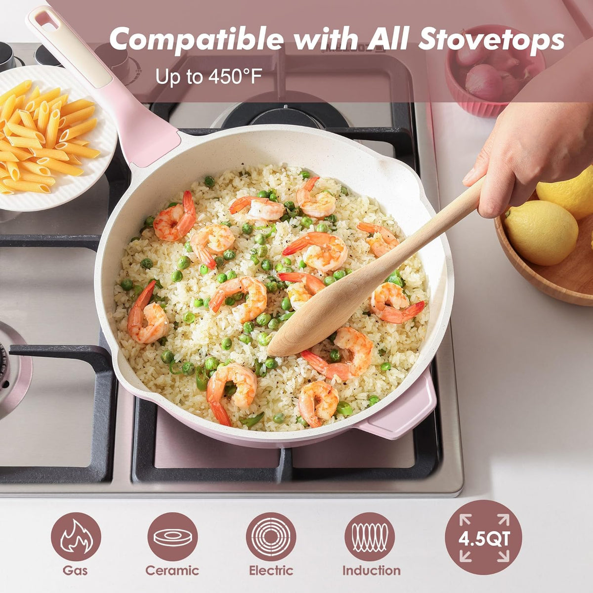 Nonstick Ceramic Skillet with Lid 11-inch, 4.5QT Non Toxic Deep Frying Pan, Saute Pan with Lid, Stay-cool Handle, Healthy Cooking Pot, Induction Compatible, Pink
