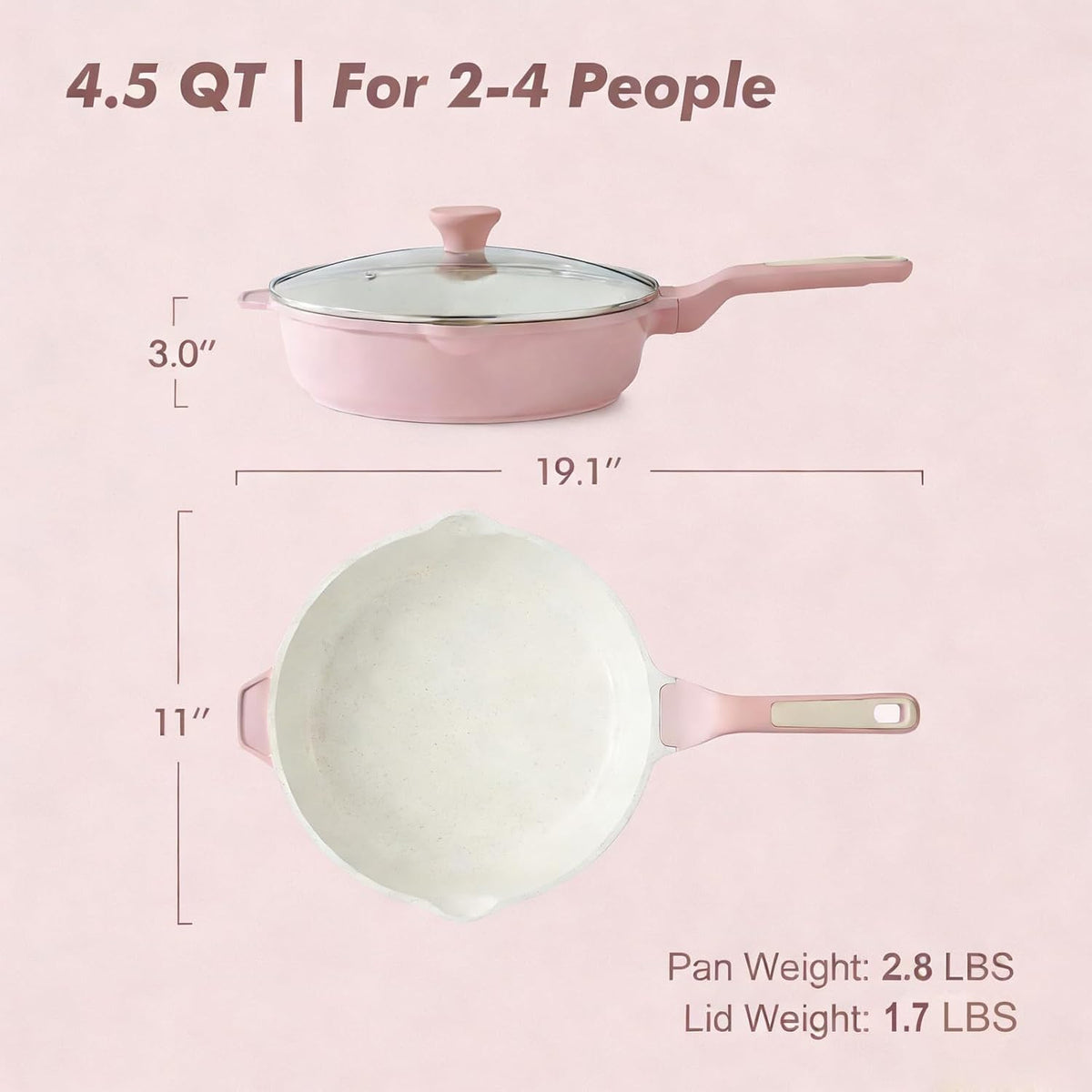 Nonstick Ceramic Skillet with Lid 11-inch, 4.5QT Non Toxic Deep Frying Pan, Saute Pan with Lid, Stay-cool Handle, Healthy Cooking Pot, Induction Compatible, Pink