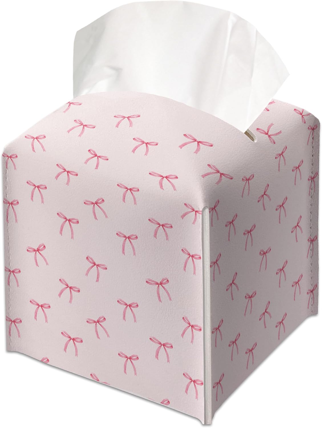 Cute Preppy Pink Ribbon Bow Decorative Leather Tissue Box Cover - Tissue Box Holder Gifts for Women Family and Friends Funny Unique Home Decor Decorative for Kids Room Kitchen Bathroom Office - A26