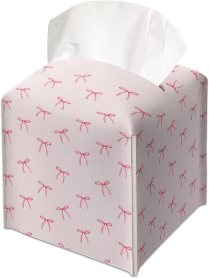 Cute Preppy Pink Ribbon Bow Decorative Leather Tissue Box Cover - Tissue Box Holder Gifts for Women Family and Friends Funny Unique Home Decor Decorative for Kids Room Kitchen Bathroom Office - A26