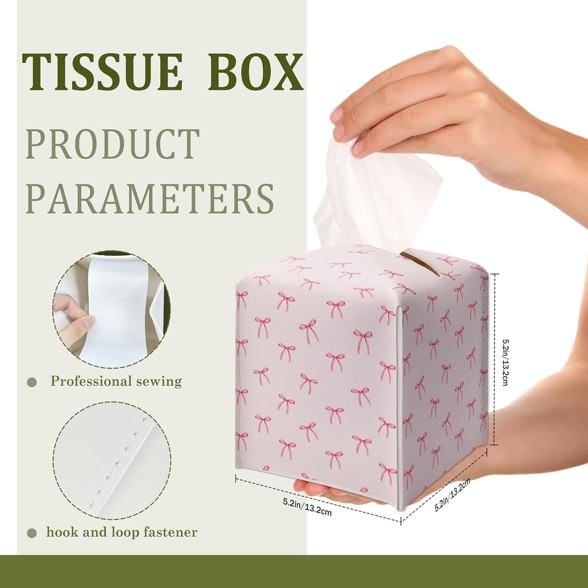 Cute Preppy Pink Ribbon Bow Decorative Leather Tissue Box Cover - Tissue Box Holder Gifts for Women Family and Friends Funny Unique Home Decor Decorative for Kids Room Kitchen Bathroom Office - A26